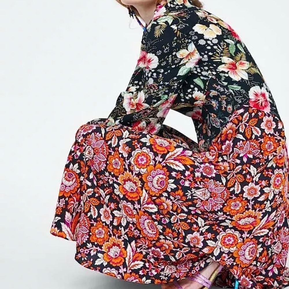 Zara m Floral Midi Patchwork Print Dress - Picture 5 of 10